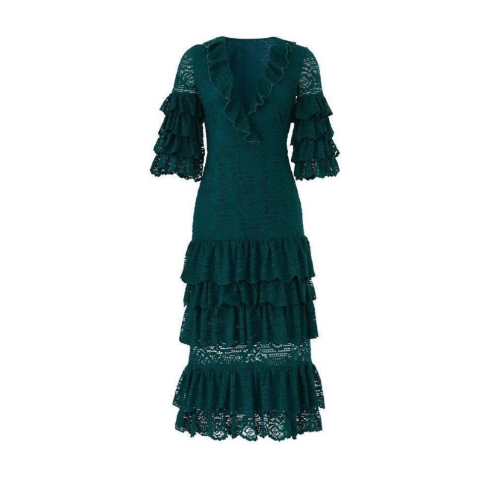 Feminine emerald green ruffle lace saylor dress